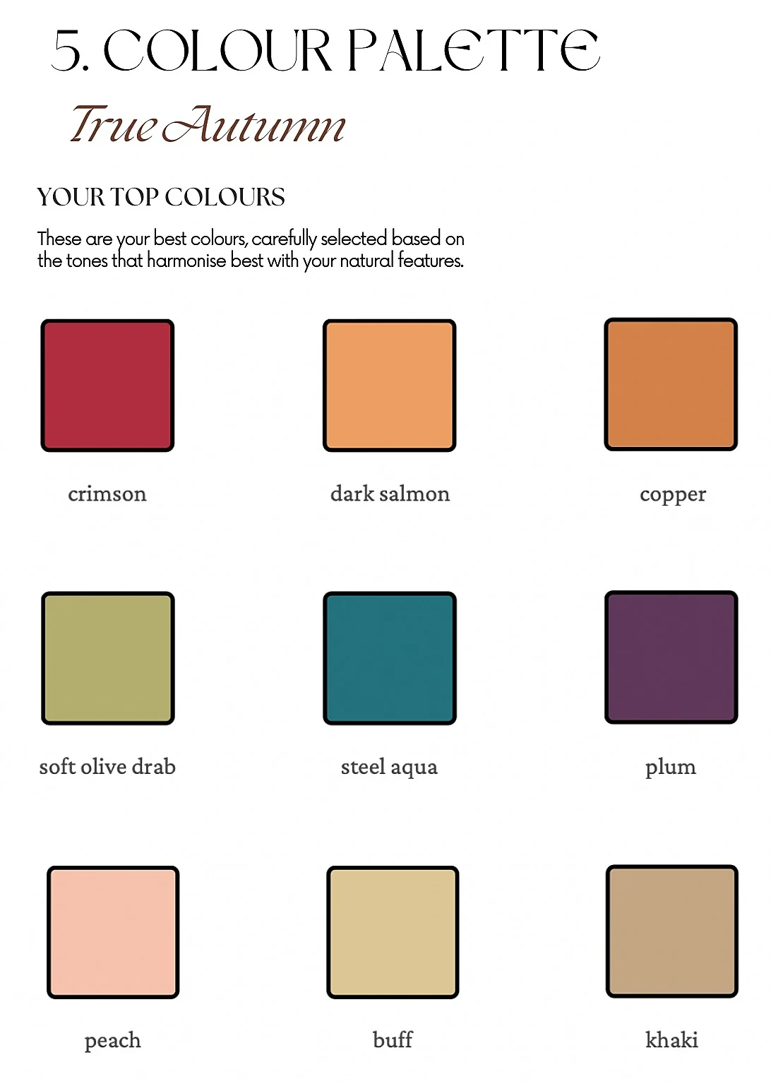 Personal top-colours page from a Colour You online colour analysis