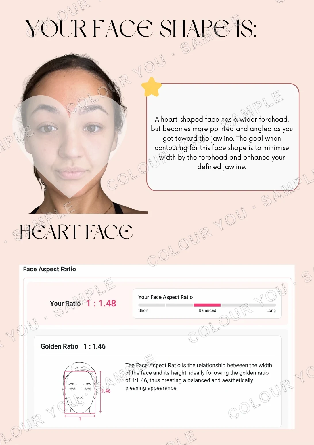 Sample heart face-shape analysis page with personalised style recommendations